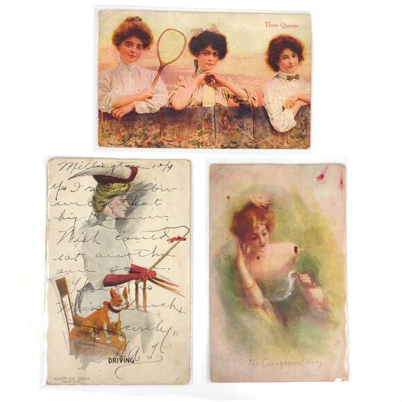 Set of 3 1907-09 Gibson Girls Lithograph Postcards Tennis Queens Society Driving - Picture 1 of 4